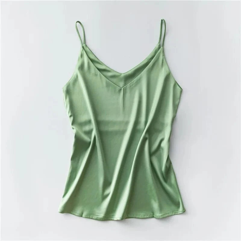 Customized / Light Green Women Summer Silk-Like Satin Tank Top Camisole Ladies Bottoming Shirt Sexy V-Neck Plain Camis 2024
