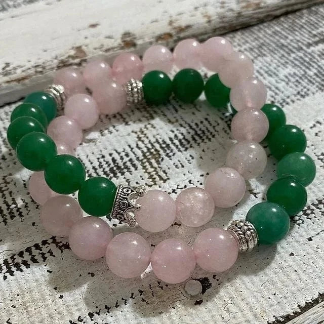 Customized Pink and Green Rhinestones Beads Greek Letter Charm Elastic Sorority Charm Women Bracelets Jade Bracelets