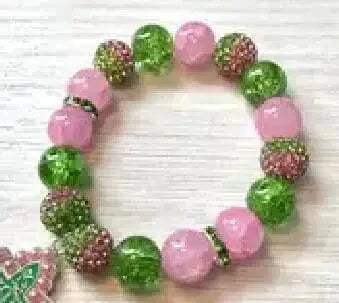 Customized Pink and Green Rhinestones Beads Greek Letter Charm Elastic Sorority Charm Women Bracelets Jade Bracelets