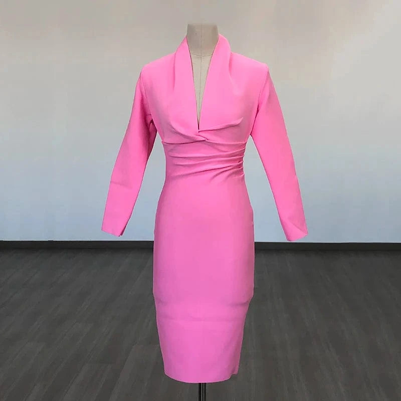 customized / Pink BA042 New Women's Top Party Casual Bandage Dress Long Sleeve High Quality Midi Vestidos Bodycon Deep V-Neck Sexy Evening Dresses