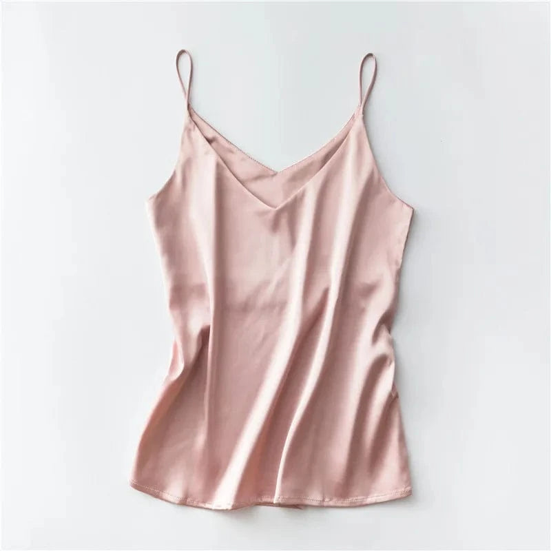 Customized / Pink Women Summer Silk-Like Satin Tank Top Camisole Ladies Bottoming Shirt Sexy V-Neck Plain Camis 2024