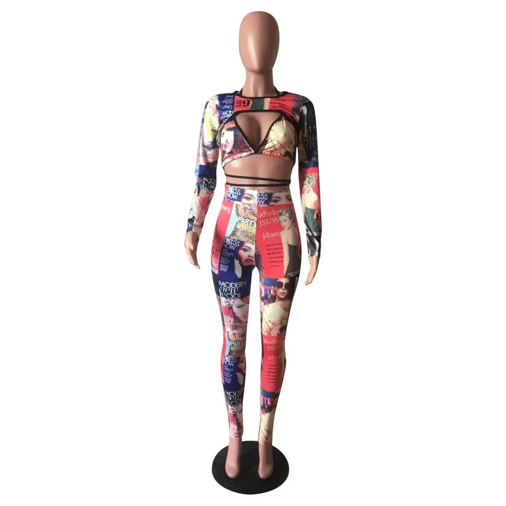 Customized / Red Women Skinny O-Neck Long Sleeve Streetwear Female Outfits Clubwear Legging Newspaper Pants Two Piece Set Tights And Bra Top