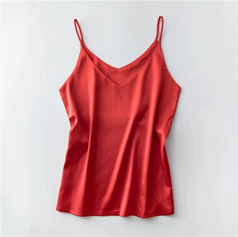 Customized / Red Women Summer Silk-Like Satin Tank Top Camisole Ladies Bottoming Shirt Sexy V-Neck Plain Camis 2024