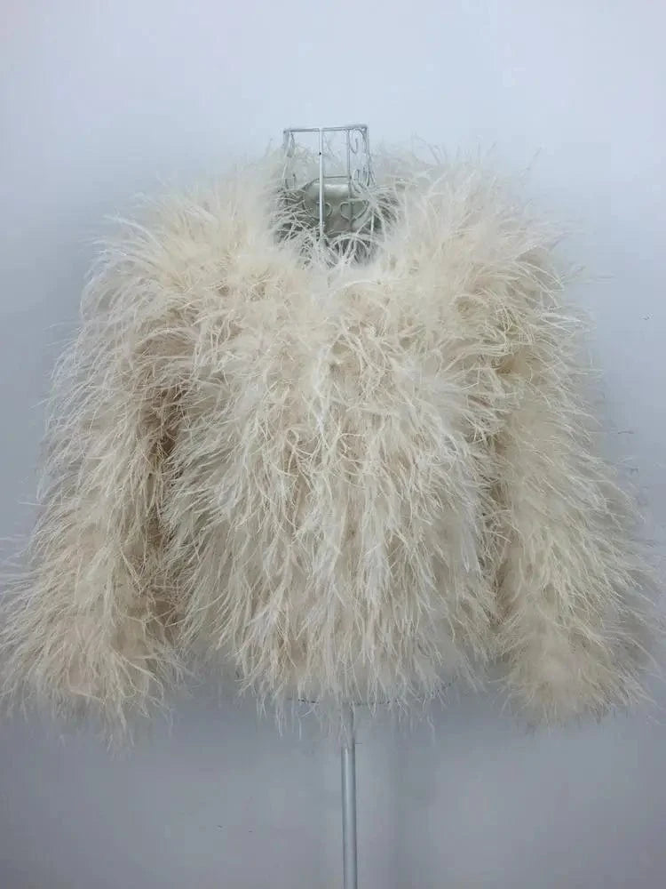 Customized Size / Beige Wholesale New Style Women's Real Ostrich Fur Coat Lady Winter Turkey Feather Fur Jackets