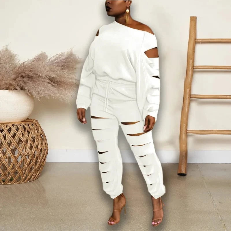 Customized / White Free Sample Elegant Cutout Holed Two 2 Piece Set Outfits Sloping Shoulder Crewneck Tracksuit Plain Long Sleeve Sweatsuit Set