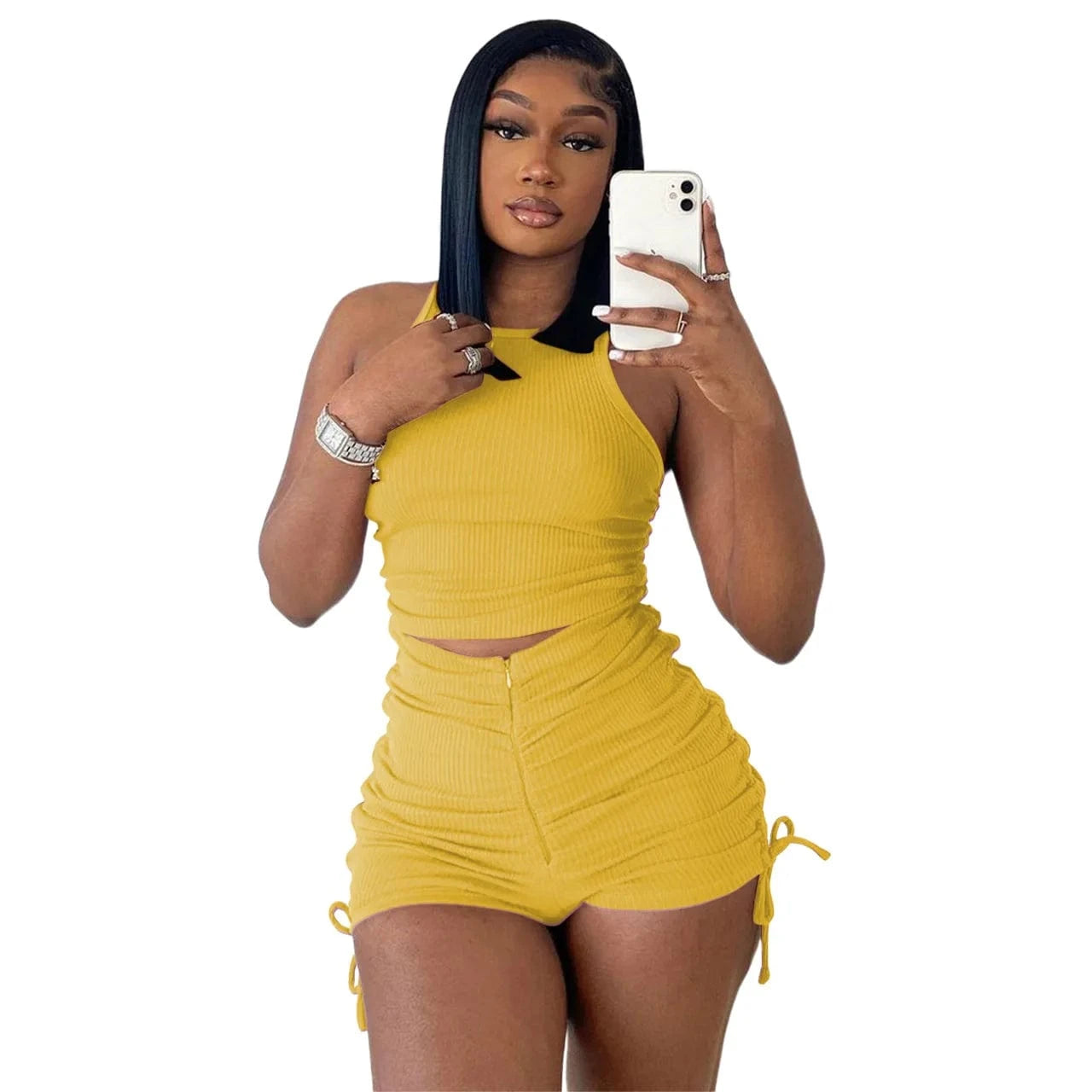 Customized / Yellow Cheap Summer Crop Top Tank Sets Women Casual Two Piece Set Sexy Cotton Vest High Waist Pleated Knitted 2 Piece Short Set