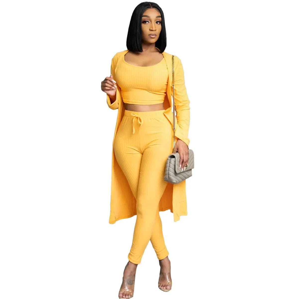 Customized / Yellow New Autumn Winter Ribbed 3pcs knitted Women Clothes Cardigan Coat Crop Top High Waist Long Pants Tracksuit 3 Piece Set Women