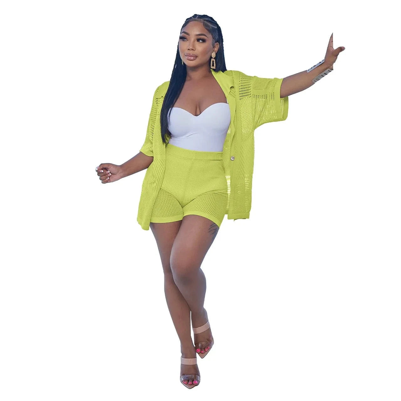 Customized / Yellow Sexy Knitted Outfits Polo Short Sleeve Single Breasted Tops Two Piece Biker Short Cardigan Sweater Sets Women 2 Piece Sets