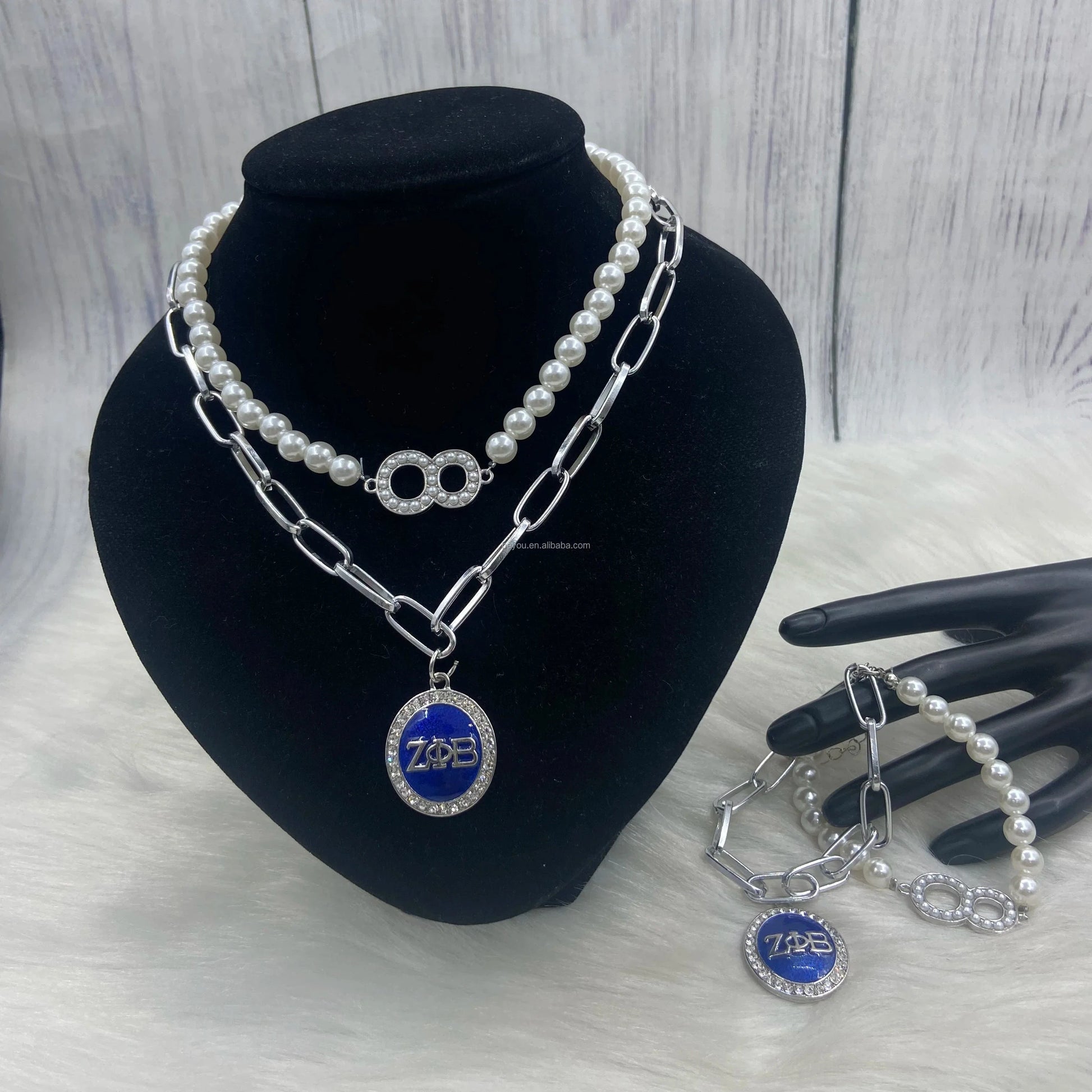 Customized ZPB Stainless Steel Pearl Handmade Digital 0-10 Dual Pearl Wrap Large Size Rhinestone Pendant Necklace Bracelet Girls