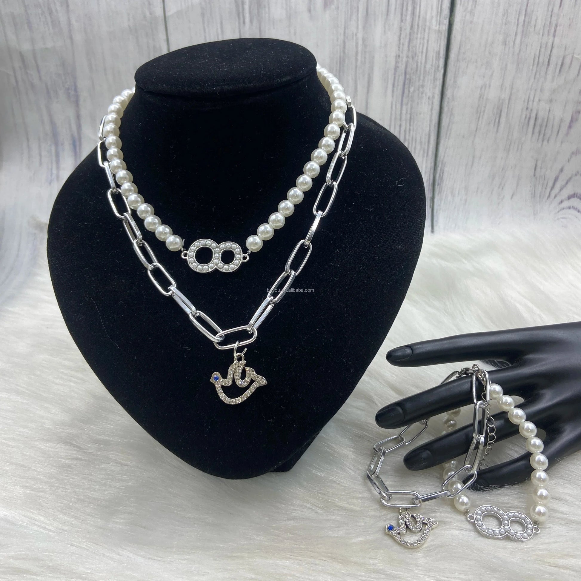 Customized ZPB Stainless Steel Pearl Handmade Digital 0-10 Dual Pearl Wrap Large Size Rhinestone Pendant Necklace Bracelet Girls