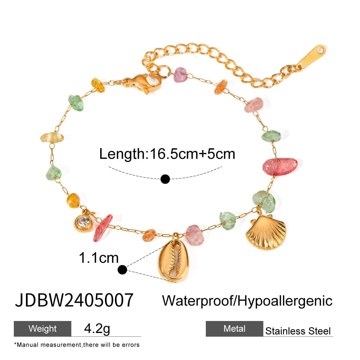 Cute / 16.5cm / BR965 BR965 18K Gold Plated Stainless Steel + Stone Colorful Stone Shell Fan Pendant Bracelet, 16.5+5cm