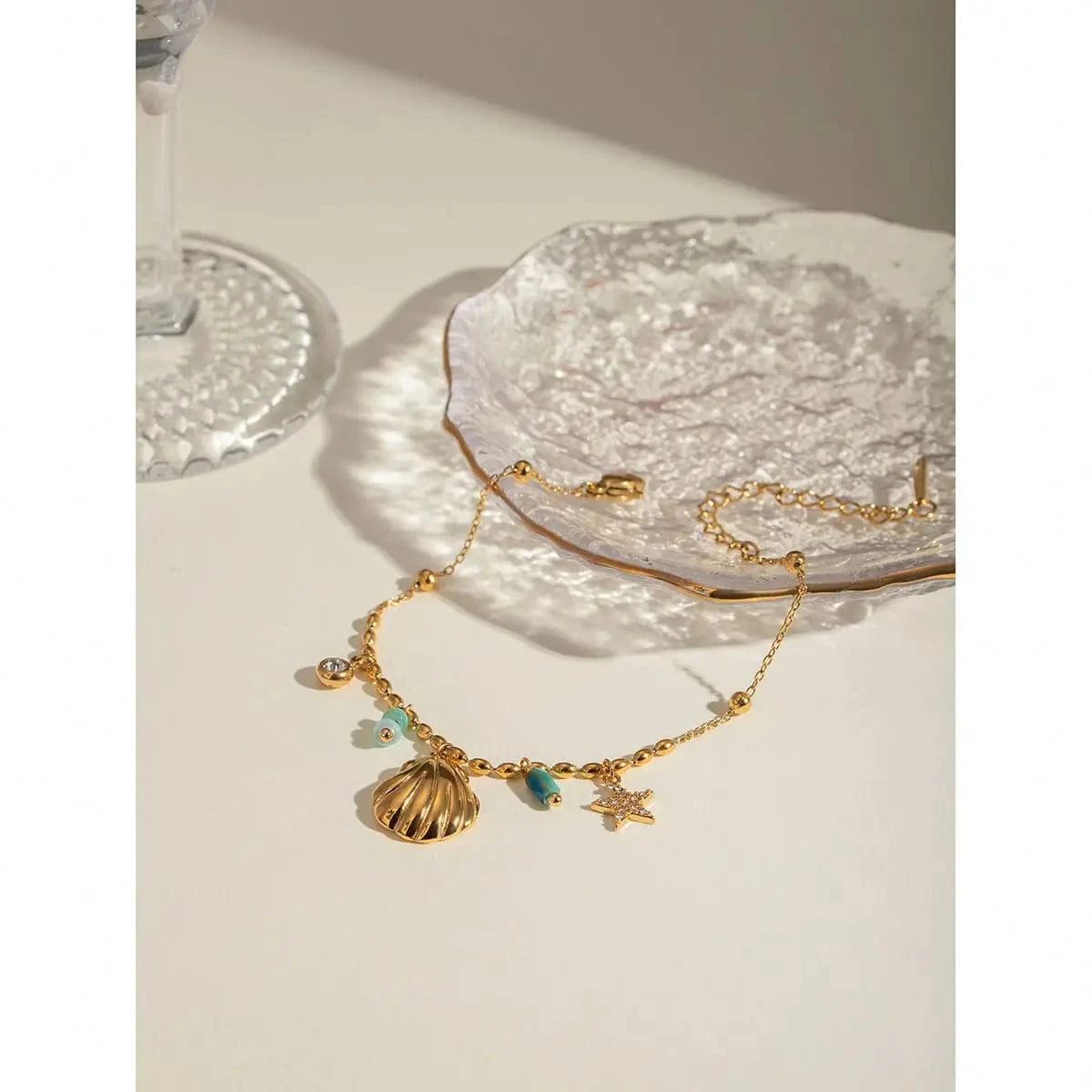 Cute / 16.5cm / BR966 BR966 18K Gold Plated Stainless Steel Crystal  Amazonite Shell Star Crystal Inlaid Blue Pendant Bracelet, 16.5+5cm