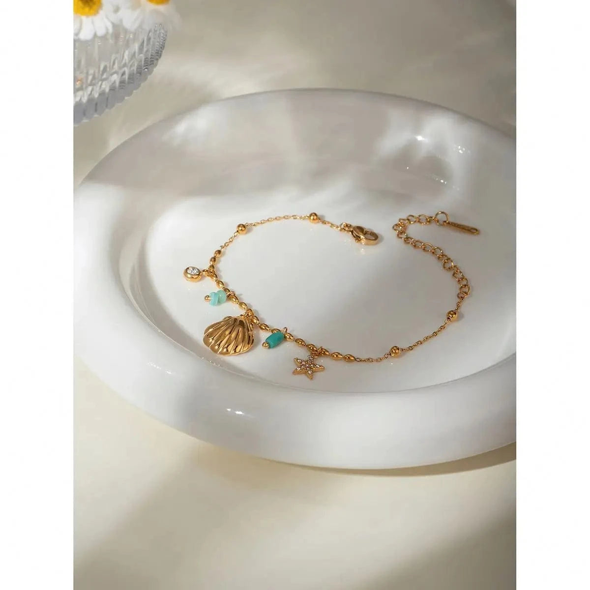 Cute / 16.5cm / BR966 BR966 18K Gold Plated Stainless Steel Crystal  Amazonite Shell Star Crystal Inlaid Blue Pendant Bracelet, 16.5+5cm