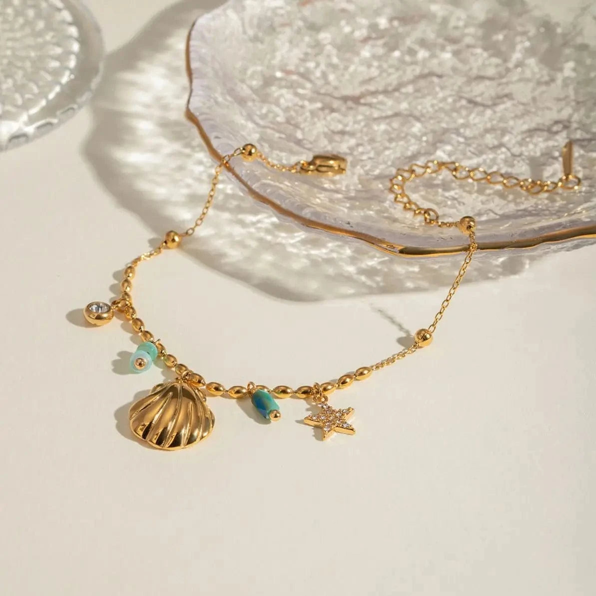 Cute / 16.5cm / BR966 BR966 18K Gold Plated Stainless Steel Crystal  Amazonite Shell Star Crystal Inlaid Blue Pendant Bracelet, 16.5+5cm