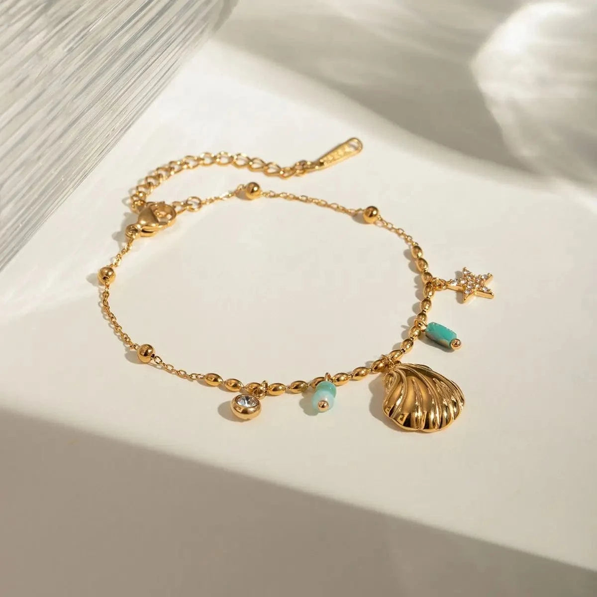 Cute / 16.5cm / BR966 BR966 18K Gold Plated Stainless Steel Crystal  Amazonite Shell Star Crystal Inlaid Blue Pendant Bracelet, 16.5+5cm