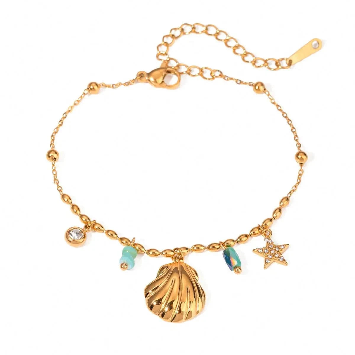 Cute / 16.5cm / BR966 BR966 18K Gold Plated Stainless Steel Crystal  Amazonite Shell Star Crystal Inlaid Blue Pendant Bracelet, 16.5+5cm