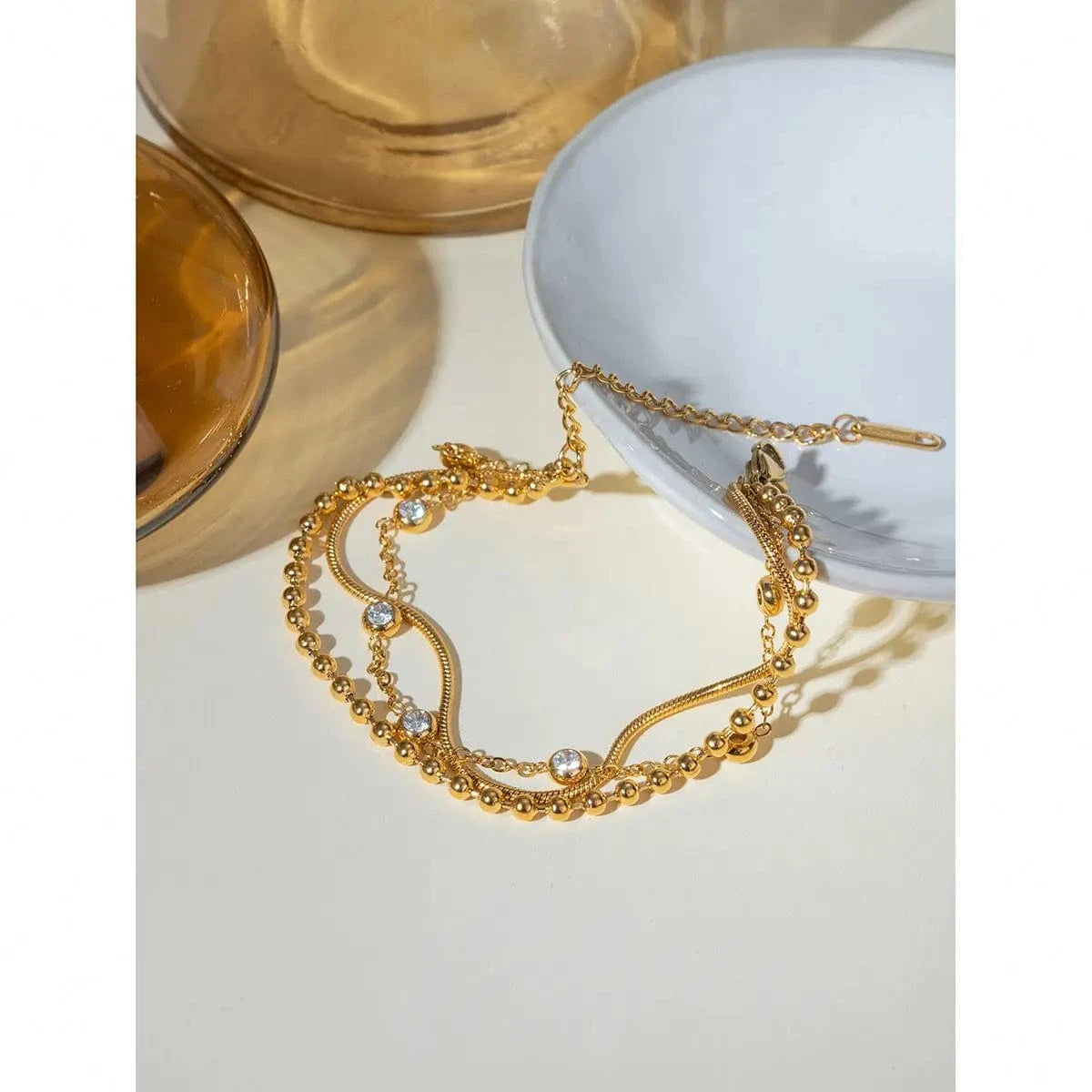 Cute / 18cm / BR967 BR967 18K Gold Plated Stainless Steel Multi-layer Cubic Zirconia Bracelet, 18+5cm