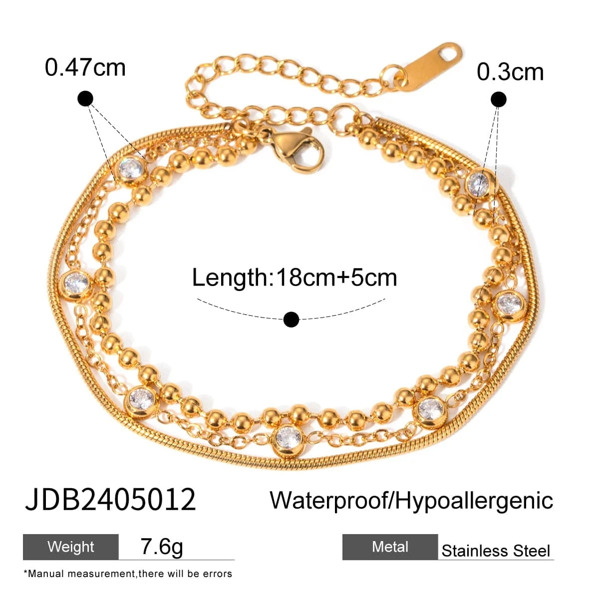 Cute / 18cm / BR967 BR967 18K Gold Plated Stainless Steel Multi-layer Cubic Zirconia Bracelet, 18+5cm