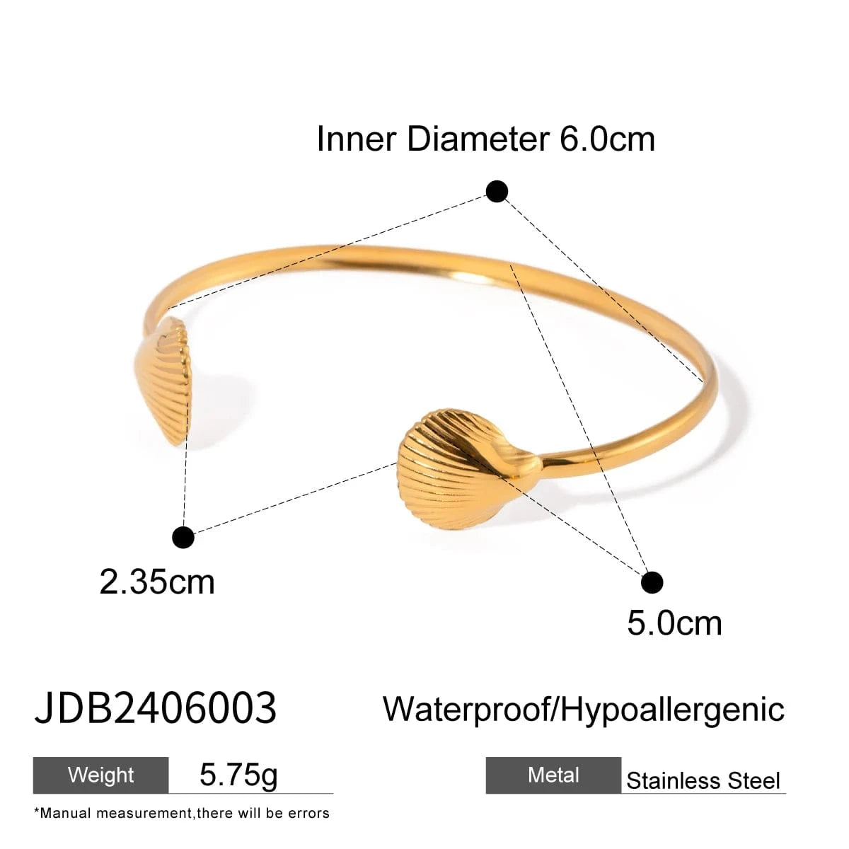 Cute / 6cm / BG876 BG876 18K PVD Gold Plated Minimalist Big Scallop Fan Shell open Cuff Bangle For Women