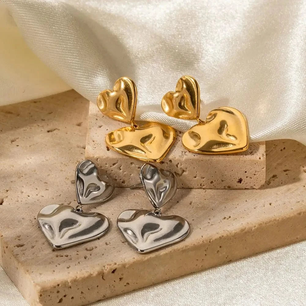 cute / E2076 E2076 New Trendy 18K Gold Plated Stainless Steel Jewelry Gift Texture Double Heart Drop Earrings For Women