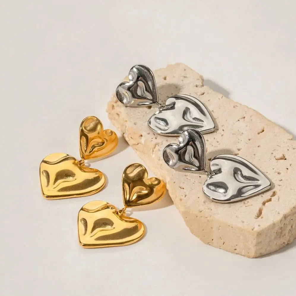 cute / E2076 E2076 New Trendy 18K Gold Plated Stainless Steel Jewelry Gift Texture Double Heart Drop Earrings For Women