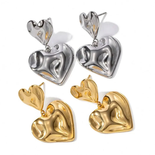 cute / E2076 E2076 New Trendy 18K Gold Plated Stainless Steel Jewelry Gift Texture Double Heart Drop Earrings For Women
