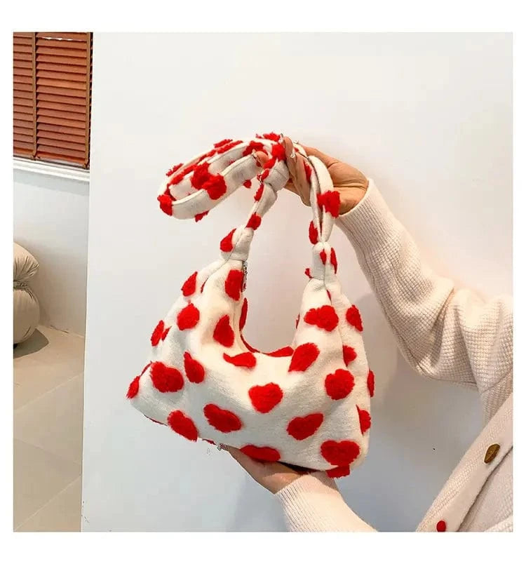 Cute Pink Heart Print Plush Handbag 2024 Trendy Women's Soft Faux Fur Tote Bag Purses Lady Shoulder Bags Female Fluffy Tote Bags