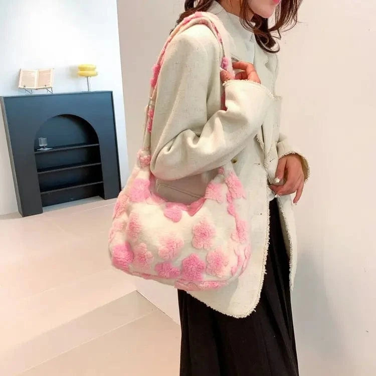 Cute Pink Heart Print Plush Handbag 2024 Trendy Women's Soft Faux Fur Tote Bag Purses Lady Shoulder Bags Female Fluffy Tote Bags
