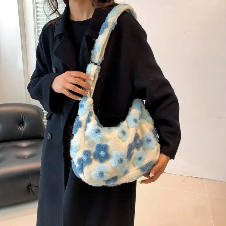 Cute Pink Heart Print Plush Handbag 2024 Trendy Women's Soft Faux Fur Tote Bag Purses Lady Shoulder Bags Female Fluffy Tote Bags