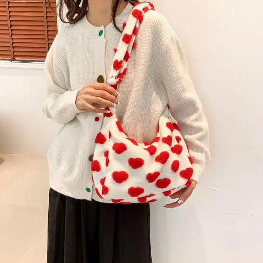 Cute Pink Heart Print Plush Handbag 2024 Trendy Women's Soft Faux Fur Tote Bag Purses Lady Shoulder Bags Female Fluffy Tote Bags