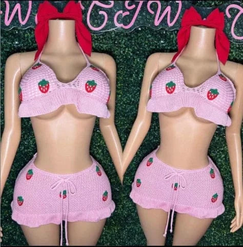 Cute Women Beach Knitted Halter Backless + Mini Skirt + Hair Bow Fashion  Strawberry Beach 3 Piece Skirt Set
