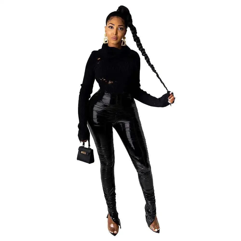 CUTENOVA 23PT122304 Ins 2024  Hot-Slling Solid Tight Club  Leather Pants Stacked Pants For Women