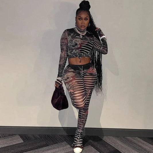 Cutenova 23ST123002  Retro Punk Printed 2024 Fashion Mesh Leggings Set Tight Fit 2 Piece Set Women'S Sets