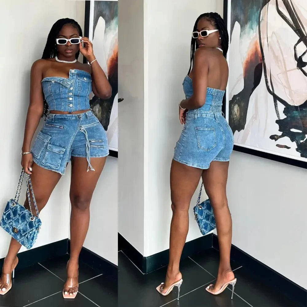 CUTENOVA 23ST123005 Trending Jeans Shorts Two Piece Outfits Stretch Jean Tube Top with Denim Cargo Skorts 2 Piece Set for Women