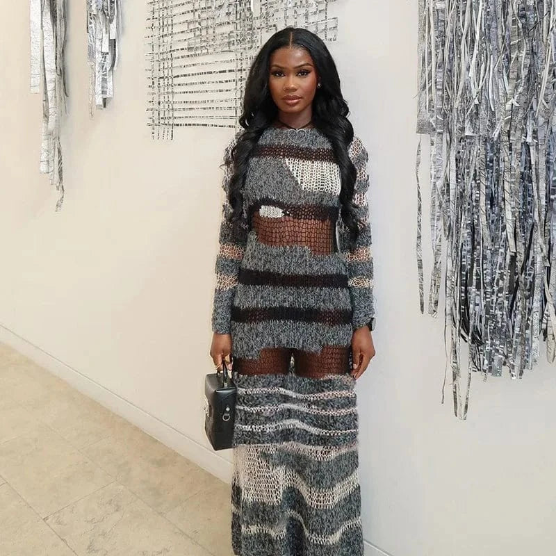 CUTENOVA 24DS010905 Streetwear 2024 Stripes Patchwork Winter Knitted Slim Fit Maxi Dress Dresses Women Sexy