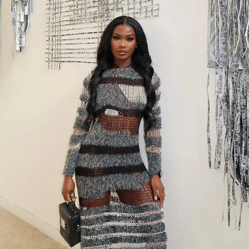 CUTENOVA 24DS010905 Streetwear 2024 Stripes Patchwork Winter Knitted Slim Fit Maxi Dress Dresses Women Sexy