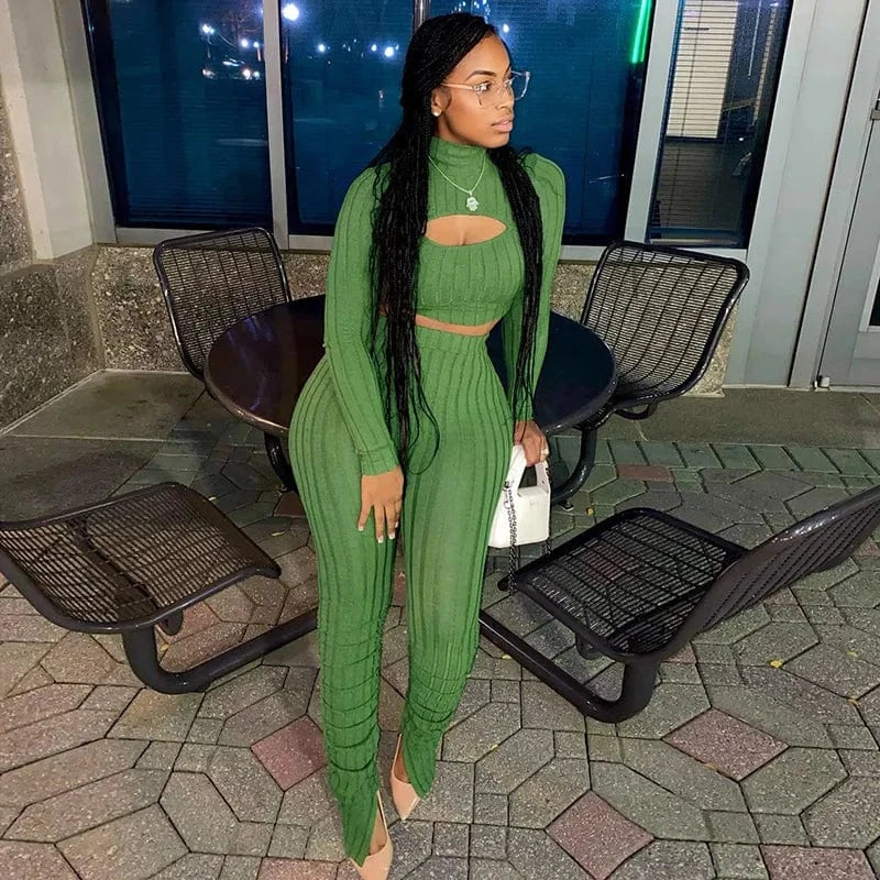 CUTENOVA 24ST0105 Fashion 2024  Sexy Hollow-Out Solid Two Piece Slit Leggings Sets Women's Sets
