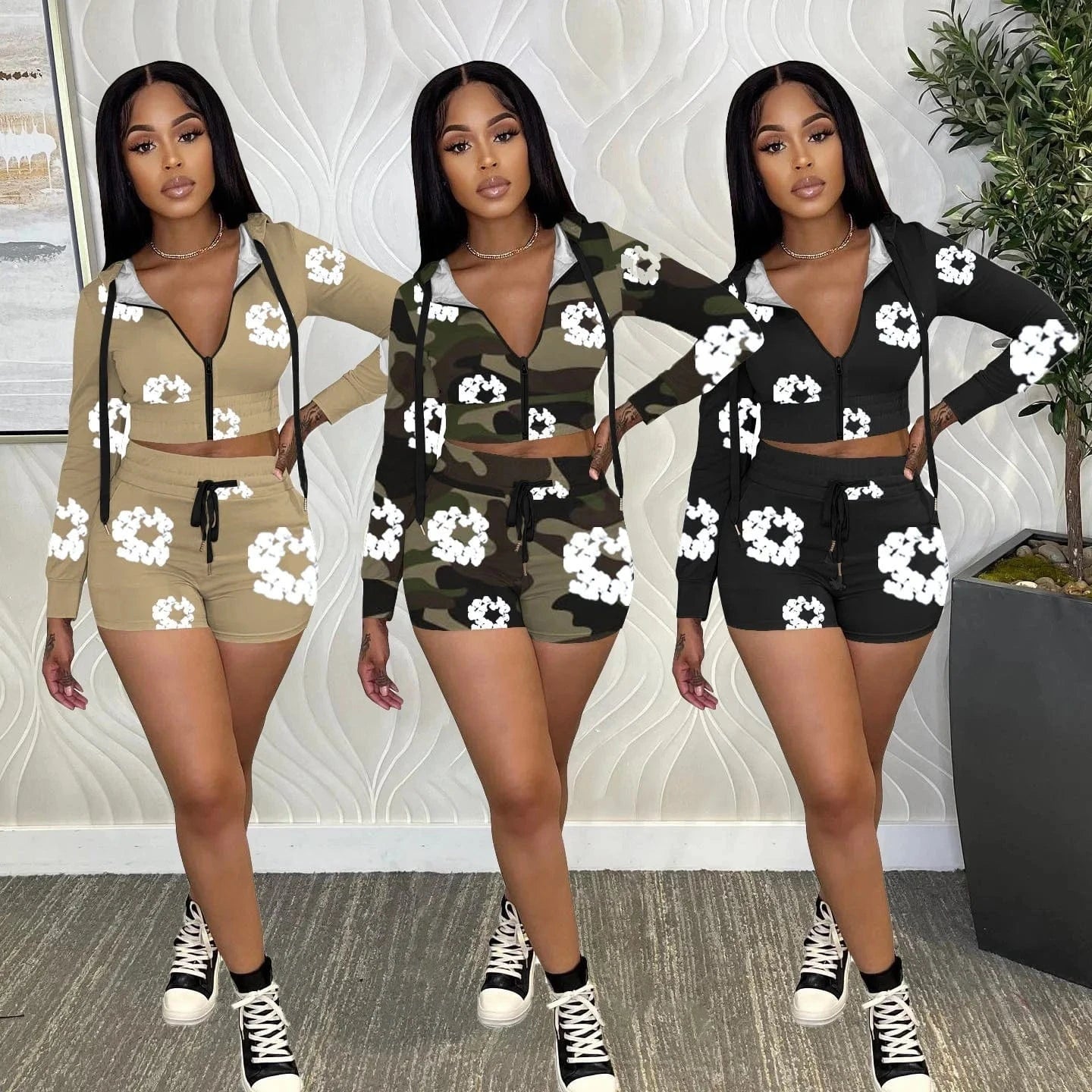 CUTENOVA 24ST011308 New 2024 Casual Printed Loungewear Shorts And Hooded Top Set For Women Two Piece Outfit Women'S Sets