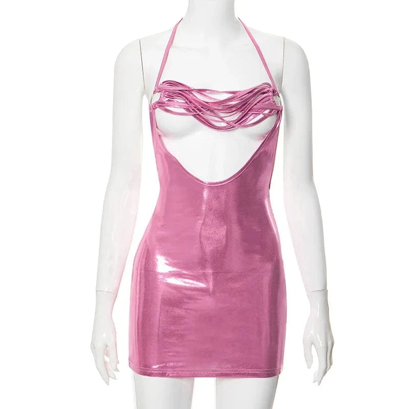 CUTENOVA K23DS624 New Fashion 2024 Metallic Neck Hanging Open Back Heap Neck Sexy Sundress Mini Dress