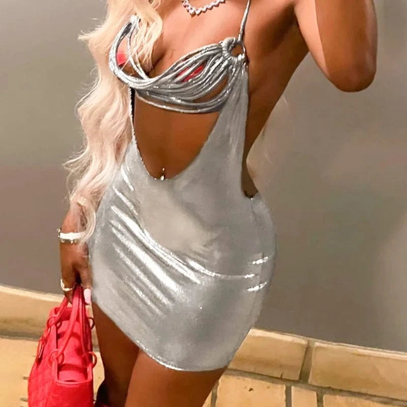 CUTENOVA K23DS624 New Fashion 2024 Metallic Neck Hanging Open Back Heap Neck Sexy Sundress Mini Dress