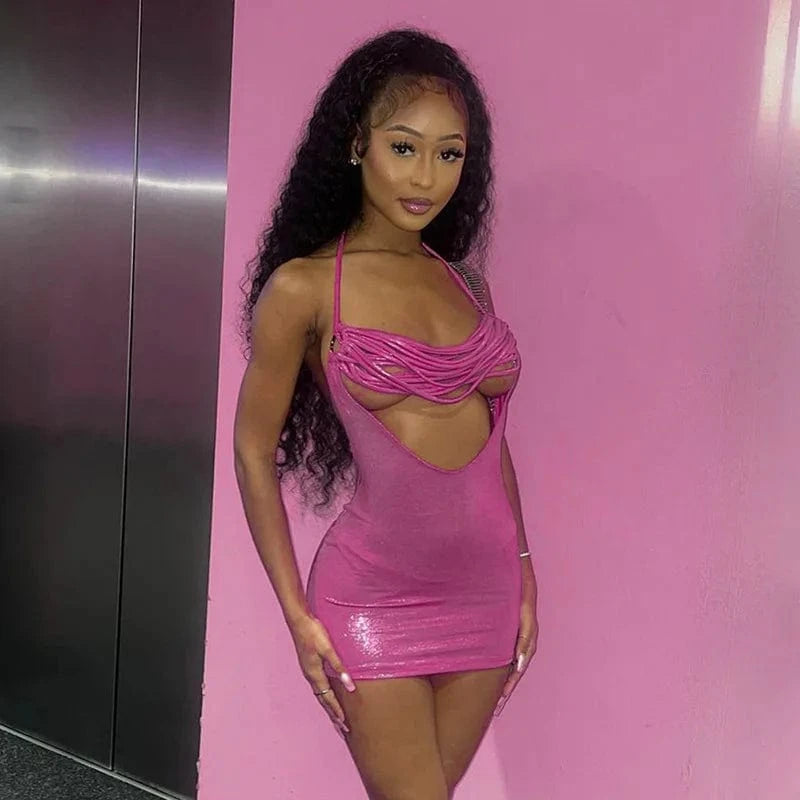 CUTENOVA K23DS624 New Fashion 2024 Metallic Neck Hanging Open Back Heap Neck Sexy Sundress Mini Dress