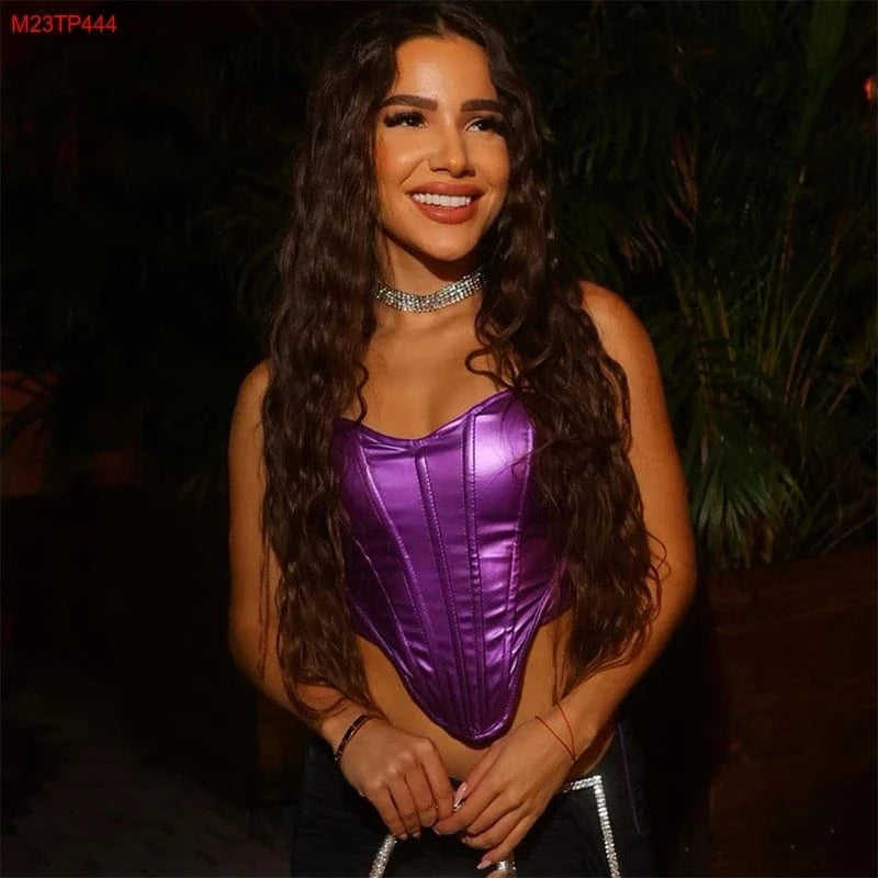 Cutenova M23TP444 Candy Color Y2K Hot Girl Tube Top Bright  Leather Waist Slim Corset Top Tank Top Women