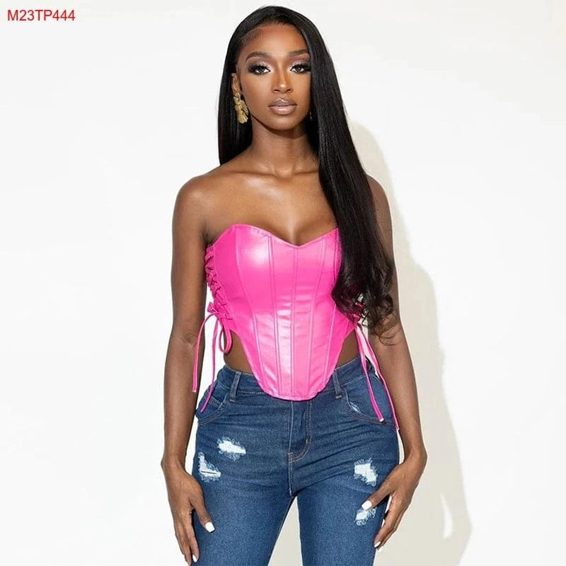 Cutenova M23TP444 Candy Color Y2K Hot Girl Tube Top Bright  Leather Waist Slim Corset Top Tank Top Women
