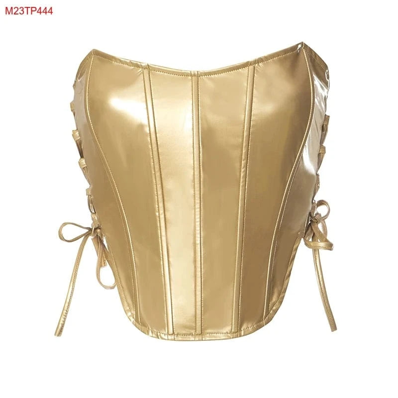 Cutenova M23TP444 Candy Color Y2K Hot Girl Tube Top Bright  Leather Waist Slim Corset Top Tank Top Women