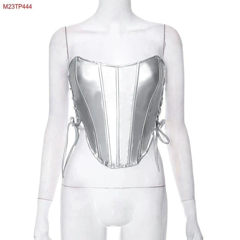 Cutenova M23TP444 Candy Color Y2K Hot Girl Tube Top Bright  Leather Waist Slim Corset Top Tank Top Women