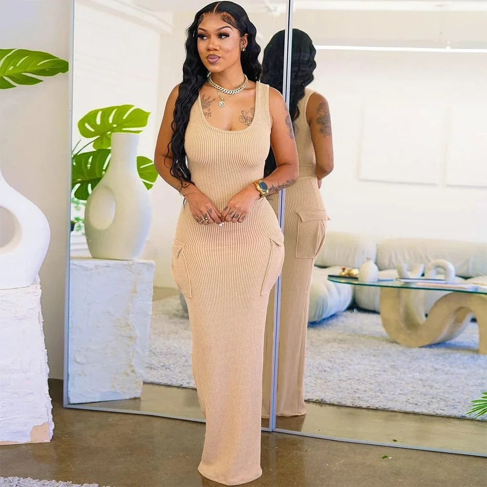 CUTENOVA MY23DS1213 2024 Casual Knit Sleeveless Sexy  Slim Fit  Hip  Long Dresses Women Bodycon Dress