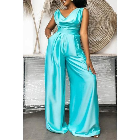 Cyan / 1XL Plus Size Summer Fashion Women's Jumpsuit Casual Sleeveless Large Size Cyan Daily Satin High Neck Wide Leg Jumpsuit