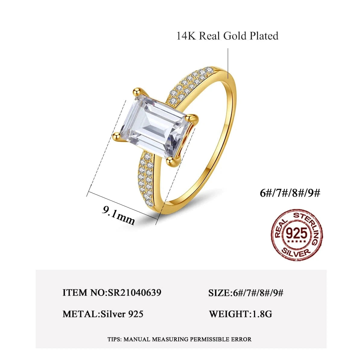 CZCITY Dainty Gold Unique Silver Lady 925 Trendy Cz Zircon Finger Golden Big Korean Emerald Cut Square Stone Ring