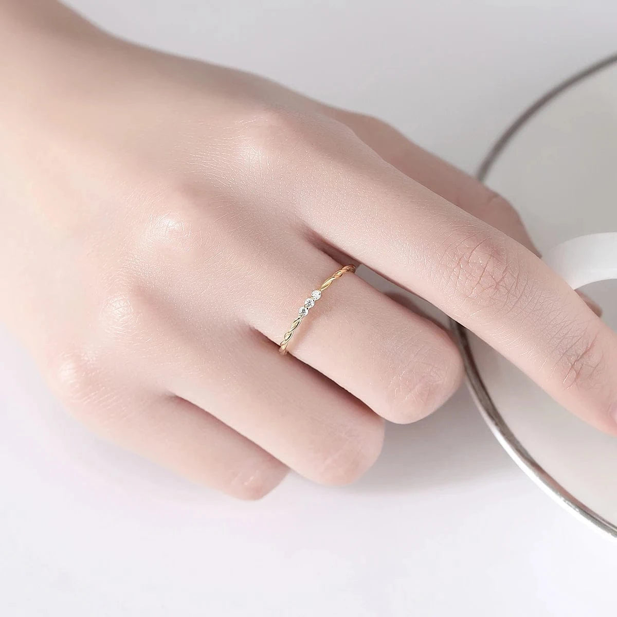 CZCITY Diamond Thin 925 Woman Gold Sterling Silver New Trendy Class Finger Micro Ring Minimalist