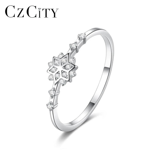 CZCITY Lady 925 Sterling Silver Jewelry Woman Trendy Snowflake Metal Korean Promise Finger S925 Minimalist Ring